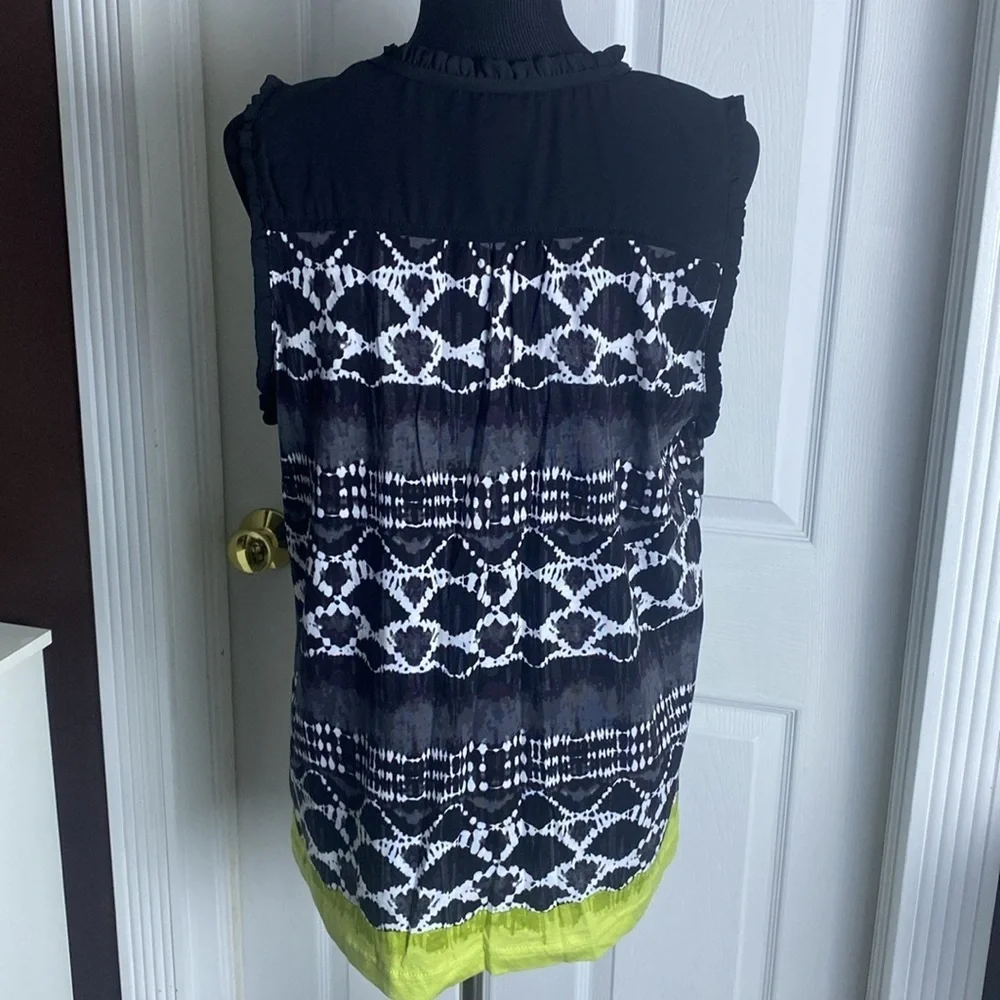 Caribbean Joe Black White Chartreuse Green Sleeveless Blouse Tank Top sz L - Picture 6 of 7